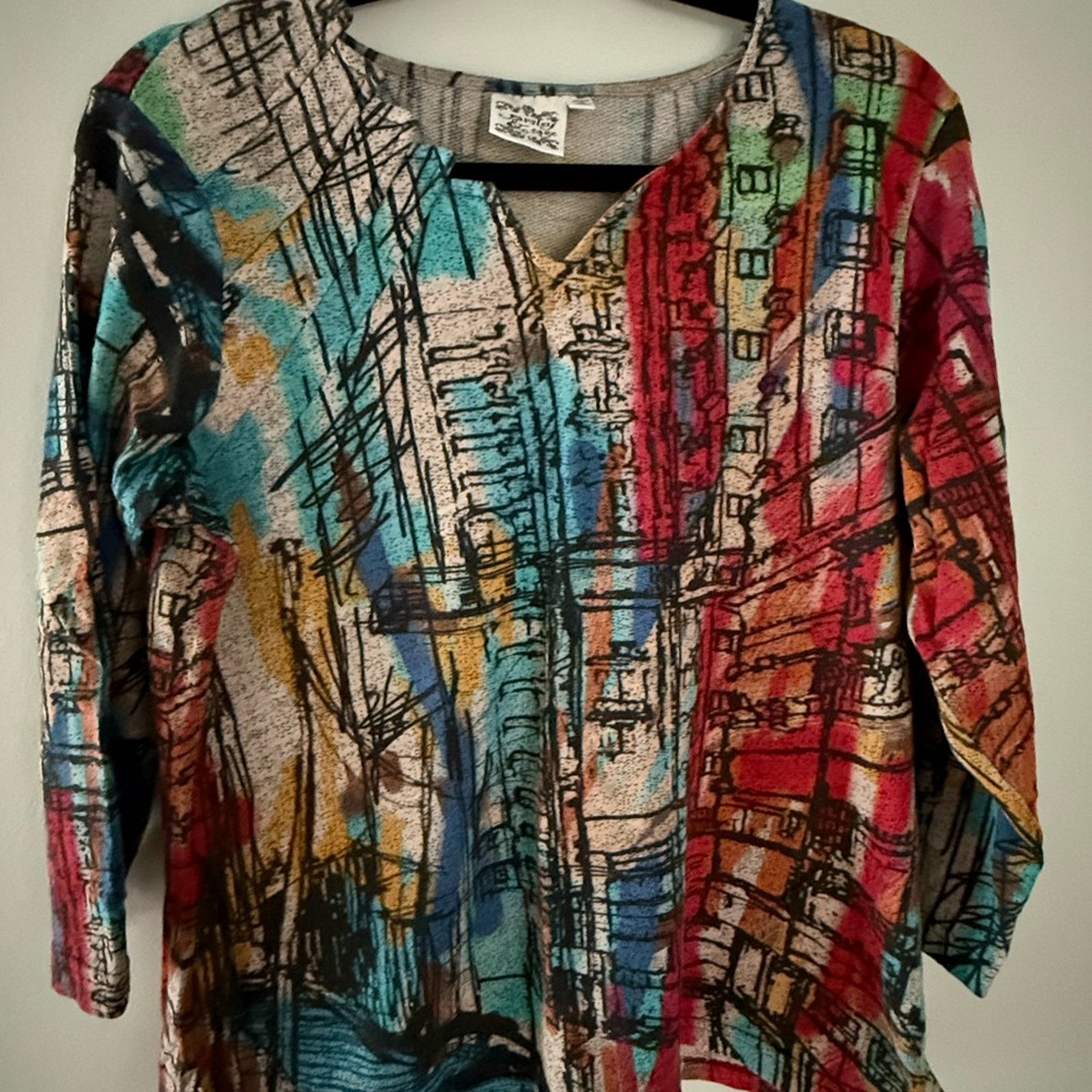 Parsley & Sage Multicolor Abstract Knit Top with Red and Turquoise Accents
